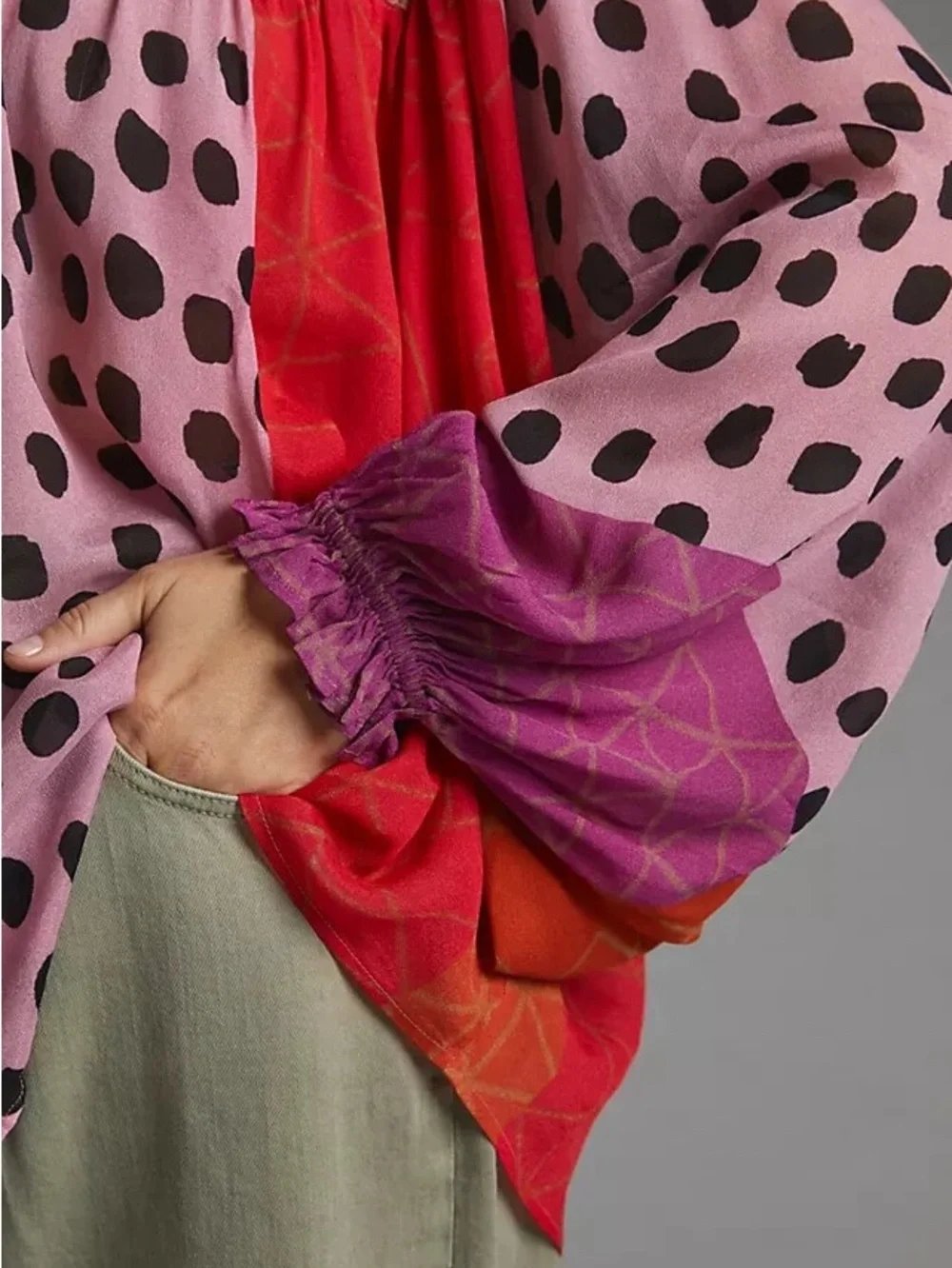 Blank London | Anthro Polka-Dot Patchwork Long Balloon Sleeve Oversized Blouse - Picture 2 of 15